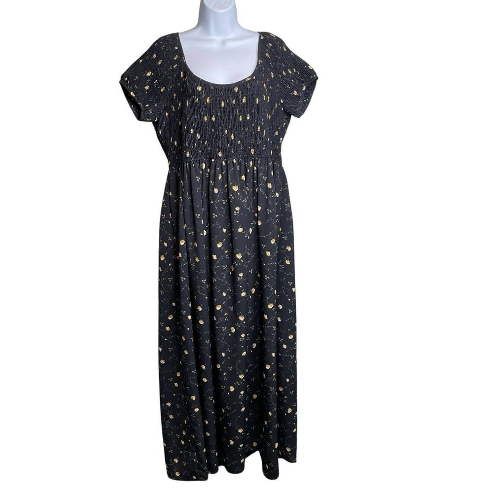 Vintage 90s Jonathan Martin Black Floral Smocked Maxi Dress Sz 12 Cottagecore